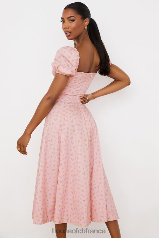 House of CB Tallulah - Robe mi-longue rose à fleurs et manches bouffantes N888H566 vêtements