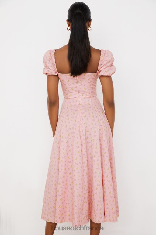 House of CB Tallulah - Robe mi-longue rose à fleurs et manches bouffantes N888H566 vêtements