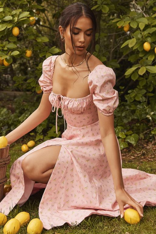 House of CB Tallulah - Robe mi-longue rose à fleurs et manches bouffantes N888H566 vêtements