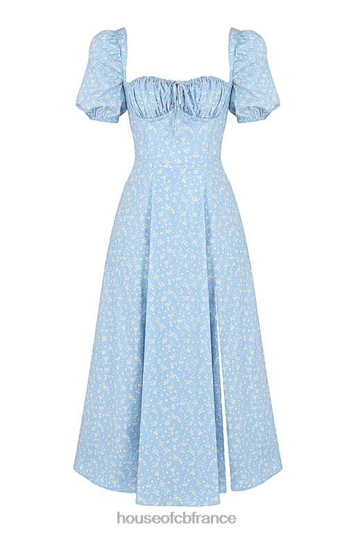 House of CB Tallulah - Robe midi fleurie bleu ivoire à manches bouffantes N888H550 vêtements