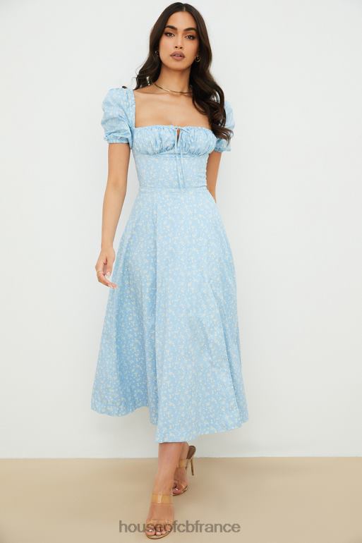 House of CB Tallulah - Robe midi fleurie bleu ivoire à manches bouffantes N888H550 vêtements