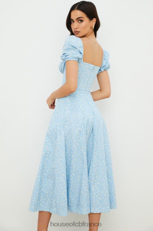 House of CB Tallulah - Robe midi fleurie bleu ivoire à manches bouffantes N888H550 vêtements
