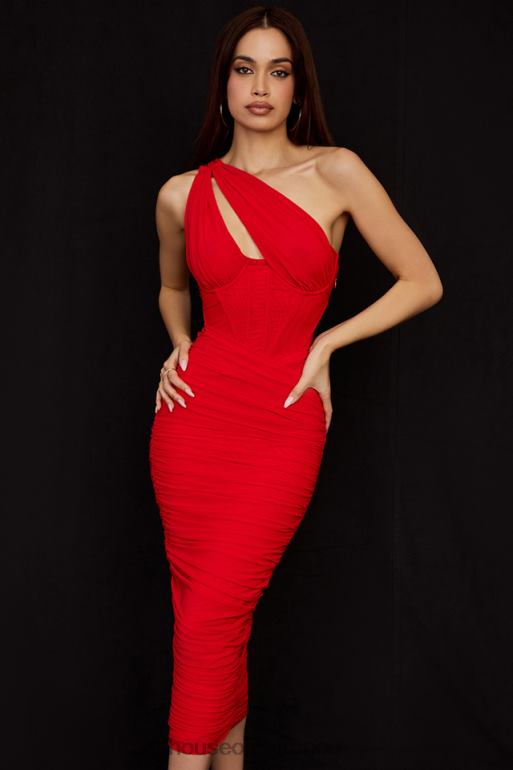 House of CB Valentina - Robe mi-longue asymétrique écarlate à découpes N888H509 vêtements