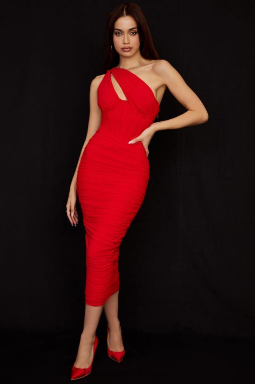 House of CB Valentina - Robe mi-longue asymétrique écarlate à découpes N888H509 vêtements