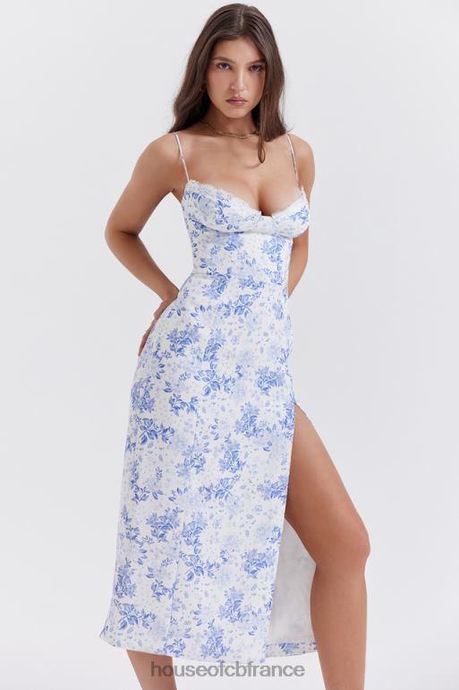 House of CB robe mi-longue corset à imprimé bleu charlotte N888H268 vêtements
