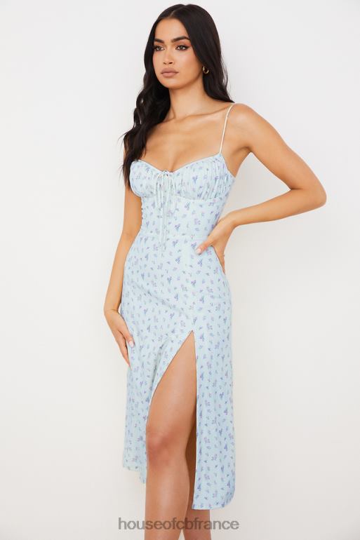 House of CB robe midi bustier fleurie bleue carina N888H573 vêtements