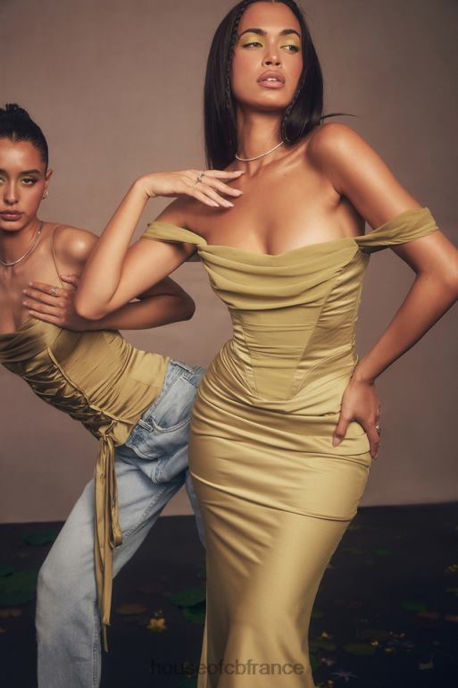 House of CB robe midi corset en satin olive natalya N888H459 vêtements