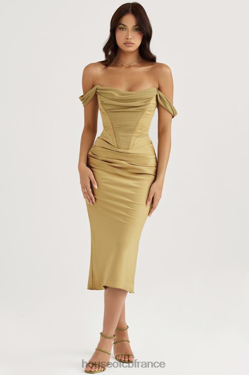 House of CB robe midi corset en satin olive natalya N888H459 vêtements