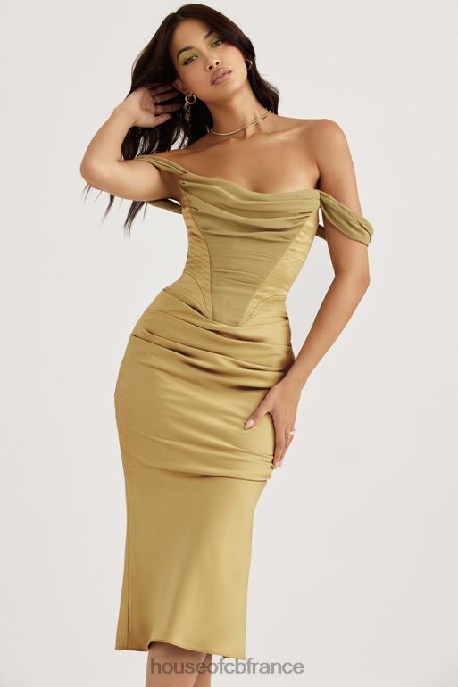 House of CB robe midi corset en satin olive natalya N888H459 vêtements