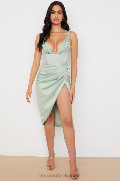 House of CB robe midi corset en satin pistache faye N888H563 vêtements