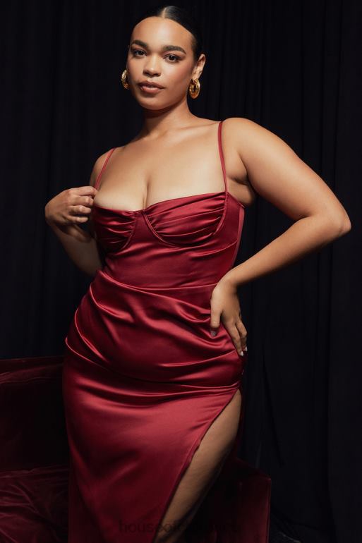 House of CB robe midi corset plissée en satin bordeaux flora N888H515 vêtements