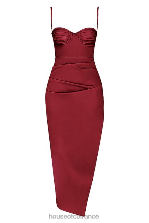 House of CB robe midi corset plissée en satin bordeaux flora N888H515 vêtements