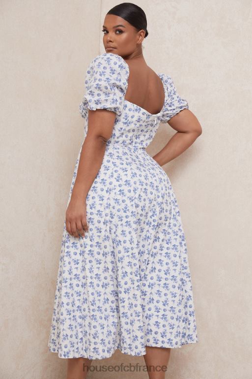 House of CB robe midi à fleurs bleu blanc tallulah N888H602 vêtements