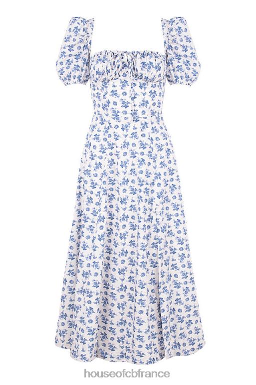House of CB robe midi à fleurs bleu blanc tallulah N888H602 vêtements
