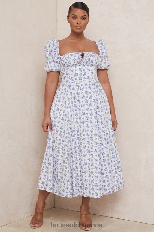 House of CB robe midi à fleurs bleu blanc tallulah N888H602 vêtements