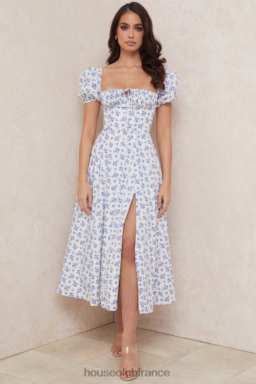 House of CB robe midi à fleurs bleu blanc tallulah N888H602 vêtements