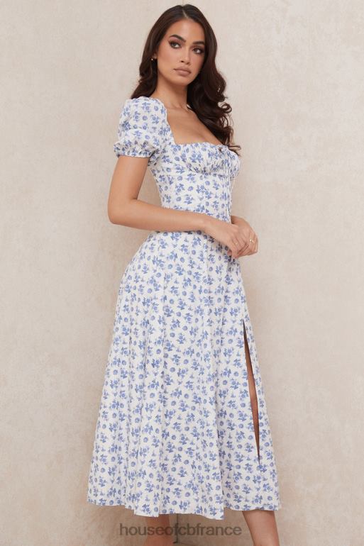House of CB robe midi à fleurs bleu blanc tallulah N888H602 vêtements