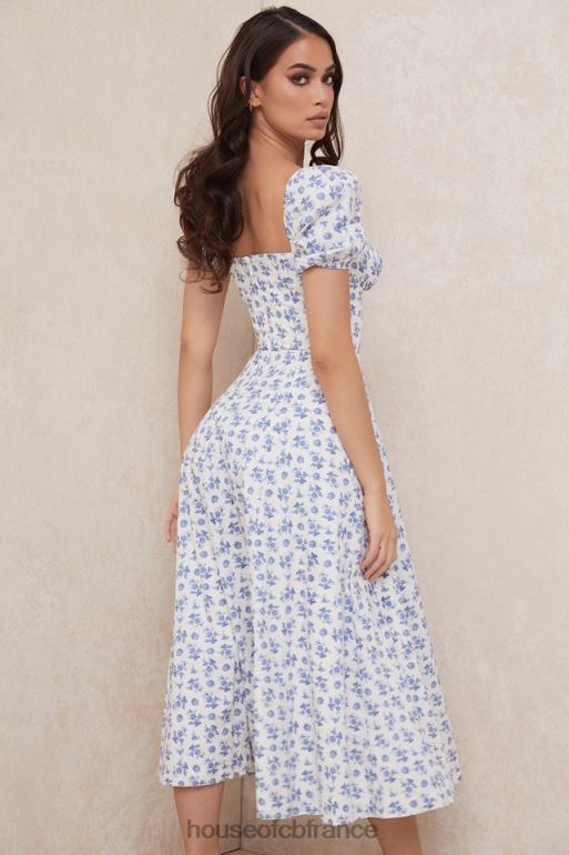 House of CB robe midi à fleurs bleu blanc tallulah N888H602 vêtements