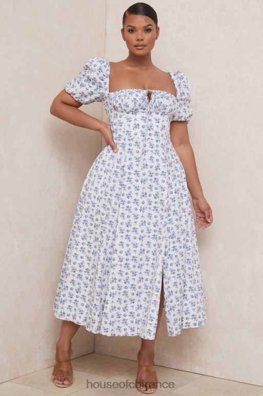 House of CB robe midi à fleurs bleu blanc tallulah N888H602 vêtements