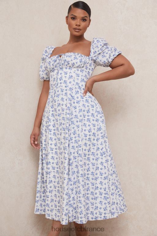 House of CB robe midi à fleurs bleu blanc tallulah N888H602 vêtements