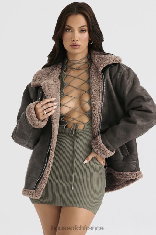 House of CB veste aviateur en peau de mouton végétalienne verte madden army N888H1038 vêtements