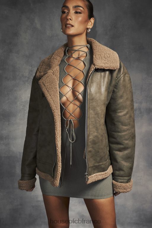 House of CB veste aviateur en peau de mouton végétalienne verte madden army N888H1038 vêtements