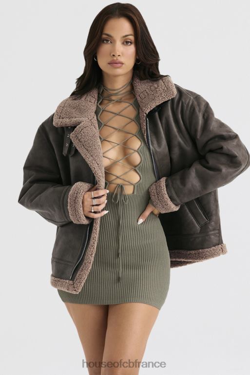 House of CB veste aviateur en peau de mouton végétalienne verte madden army N888H1038 vêtements