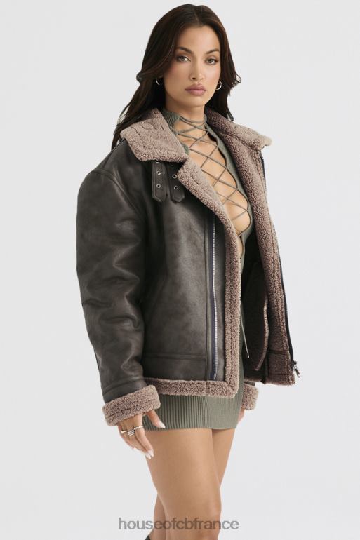 House of CB veste aviateur en peau de mouton végétalienne verte madden army N888H1038 vêtements